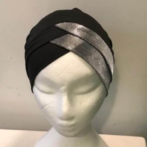 Hollywood Style Instant Turban Cap Black with Silver - Picture 1 of 2